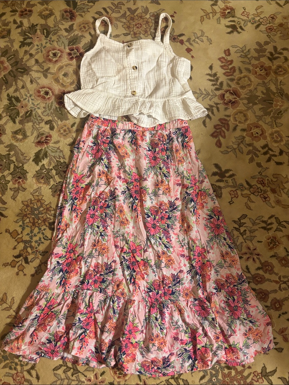 Floral Pink Tiered Maxi Skirt and White Tank Set- Lightweight Summer Style